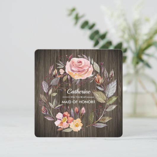 Werden Sie meine Trauzeugin sein? Barn Wood Floral Einladung (Stehend Vorderseite)