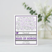 Werden Sie meine Trauzeugin sein? Lila/Schwarzes G Einladung (Stehend Vorderseite)