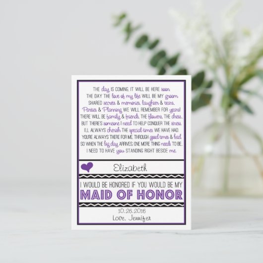 Werden Sie meine Trauzeugin sein? Lila/Schwarzes G Einladung (Stehend Vorderseite)