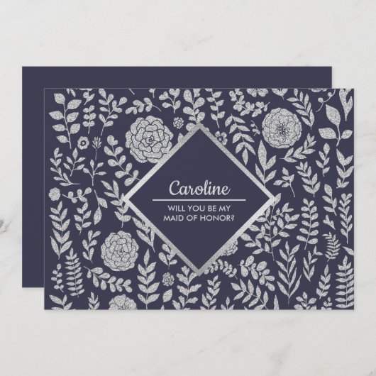 Werden Sie meine Trauzeugin sein? Navy Blue Silver Einladung (Vorne/Hinten)