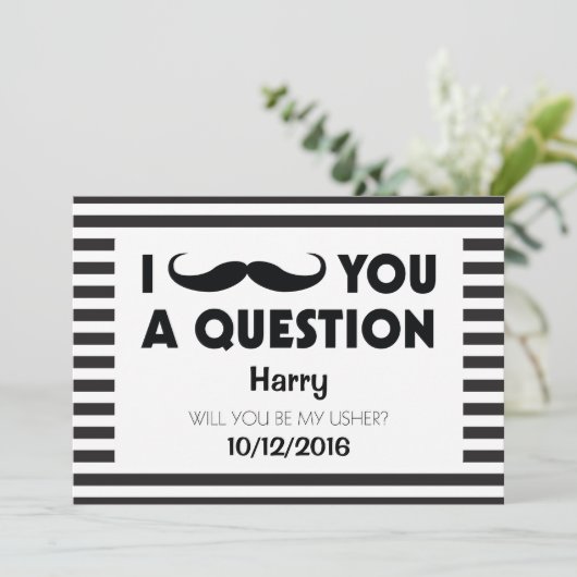 Werden Sie meine Usher Mustache Black Stripes sein Einladung (Stehend Vorderseite)