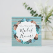 Werden Sie Trauzeugin rustikale Boho Federn? Einladung (Stehend Vorderseite)