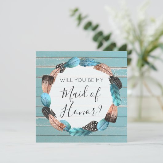 Werden Sie Trauzeugin rustikale Boho Federn? Einladung (Stehend Vorderseite)