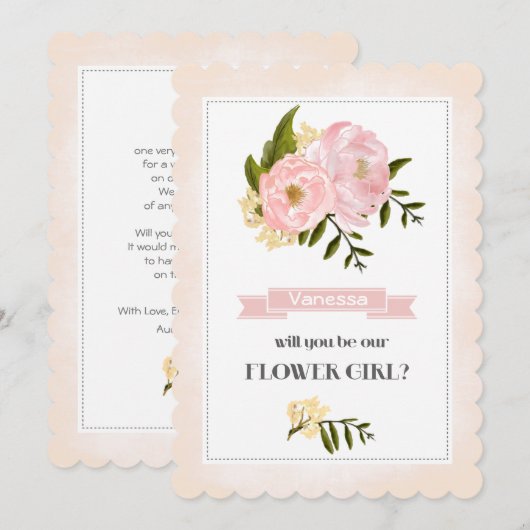 Werden Sie unser Blumenmädchen sein? Blush Pink Pe Einladung (Vorne/Hinten)