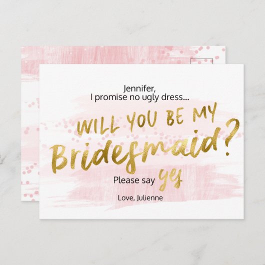 Werdet ihr meine Bridesmädchen Blush & Gold Aquare Einladungspostkarte (Vorne/Hinten)