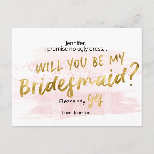 Werdet ihr meine Bridesmädchen Blush & Gold Aquare Einladungspostkarte (Vorderseite)