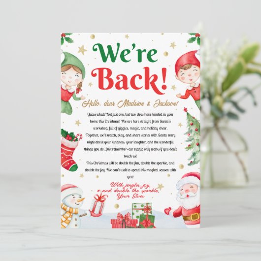 We're Back Elf Arrival Letter Elves Christmas Einladung (Stehend Vorderseite)