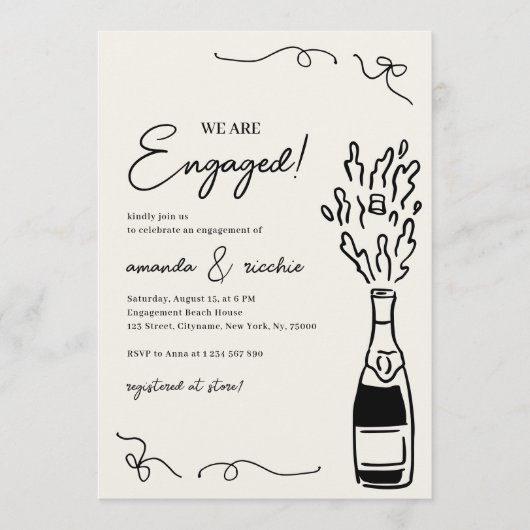 Were Engaged Hand Drawn Champagne Engagement Party Einladung (Vorderseite)