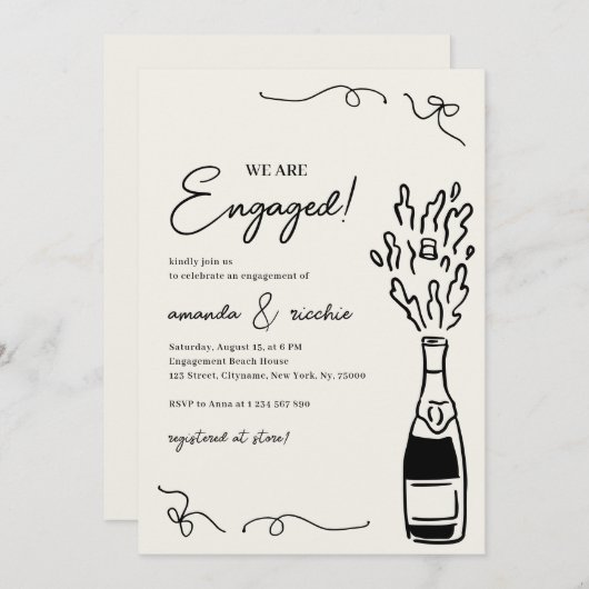 Were Engaged Hand Drawn Champagne Engagement Party Einladung (Vorne/Hinten)