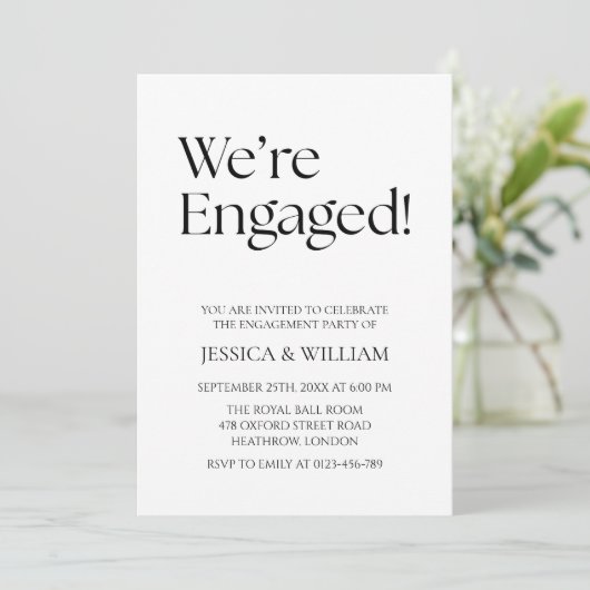 We're Engaged Minimalist Engagement Party Einladung (Stehend Vorderseite)