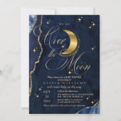 We're Over the Moon Gold Stars Blue Baby Shower  Einladung (Vorderseite)