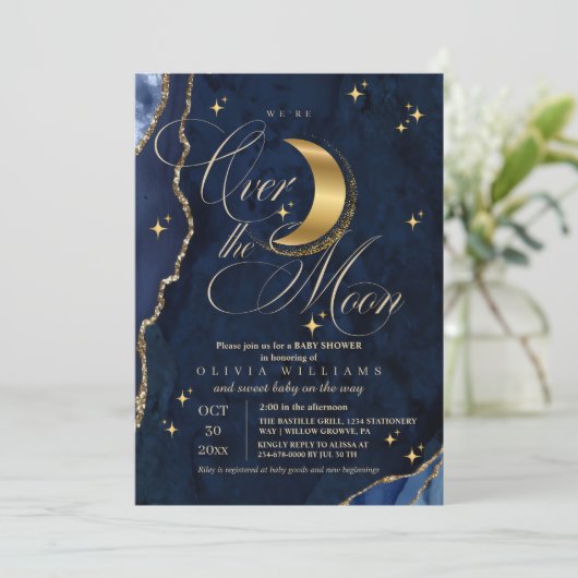 We're Over the Moon Gold Stars Blue Baby Shower  Einladung (Stehend Vorderseite)