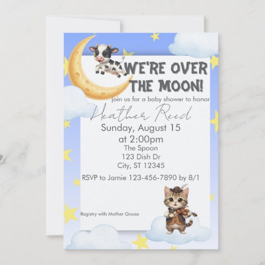 We're Over the Moon, nursery rhyme baby shower Einladung (Vorderseite)