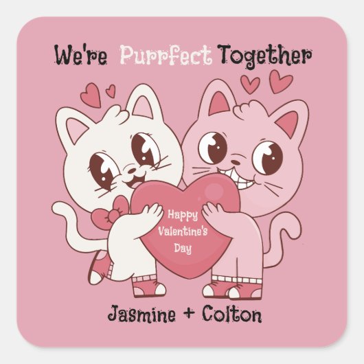 We're Purrfect Together Quadratischer Aufkleber (Vorderseite)