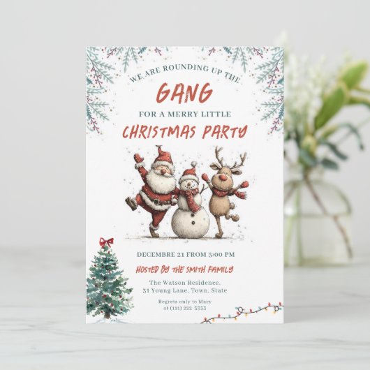  We're Rounding Up the Gang Christmas Party Einladung (Stehend Vorderseite)