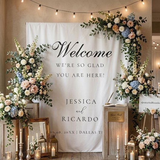 We're so glad you're here wedding welcome sign  wandteppich