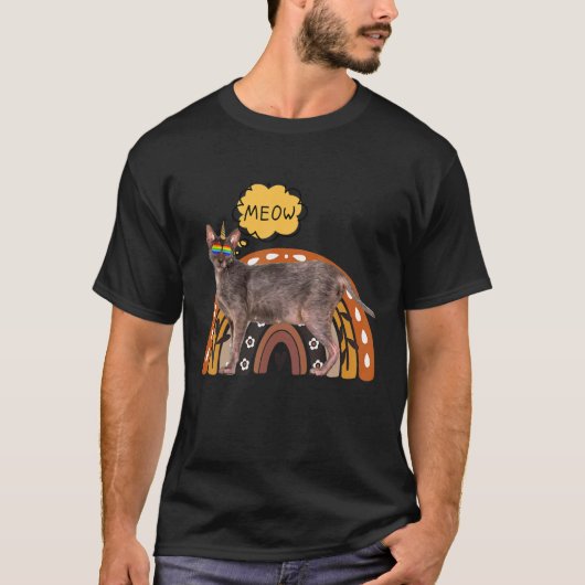 Werewolf Katze Lykoi Meow Horn mit Regenbogenbrill T-Shirt (Vorderseite)
