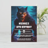 Werewolf-Mann Nachtwald zwischen Geburtstag Erwach Einladung (Stehend Vorderseite)