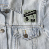 Werkzeuge des Widerstands: Bibliotheksausweis u. Button (Beispiel)