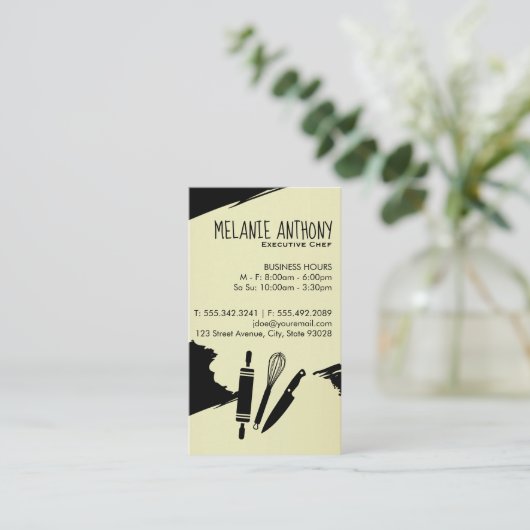 Werkzeuge für die Küche / gebürstet (schwarz) Visitenkarte (Stehend Vorderseite)