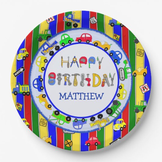 Werkzeuge, Lastkraftwagen, Autos, Traktoren zum Ge Pappteller (Vorderseite)