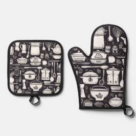 Werkzeuge und Zubehör für die schwarze und weiße K Ofenhandschuh & Topflappen-Set