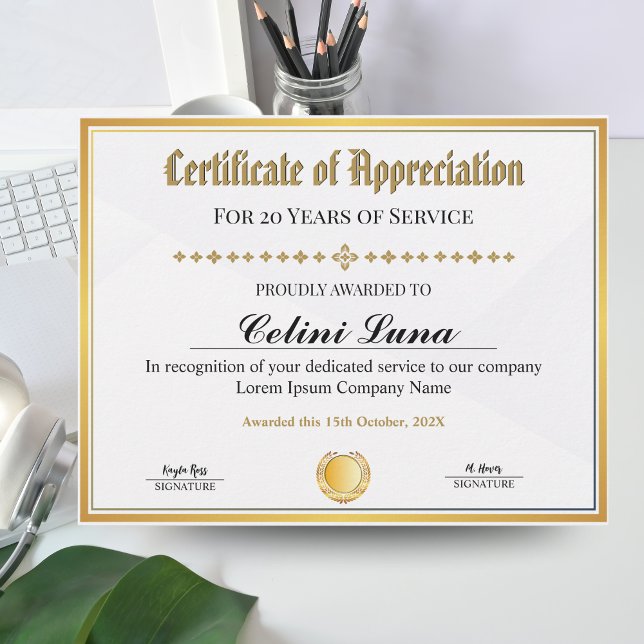 Wertgutachten - Goldrahmen (Certificate of Appreciation - Gold Frame Work & Service Award)