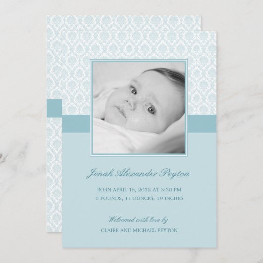 Wertvoll Damask Baby Boy Geburtsankündigung Ankündigung (Vorne/Hinten)