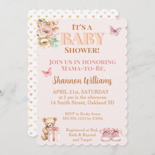 Wertvoll Girl Teddy Bear Babydusche Einladung (Vorne/Hinten)