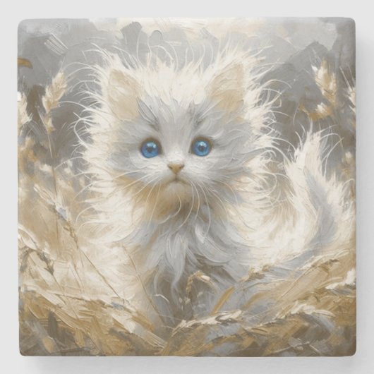 Wertvoll White Kitten Steinuntersetzer (Vorderseite)