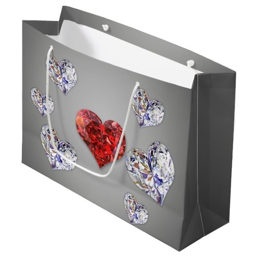 Wertvolle Elegant Diamond Hearts Große Geschenktüte (Vorderseite Schrägansicht)