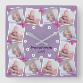 Wertvolle Momente 20XX FotoCollage Rosa Schmetterl Quadratische Wanduhr (Vorderseite)