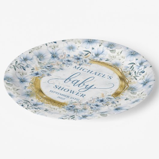 Wertvolle pastellblaue Blume Pappteller (Schrägansicht)