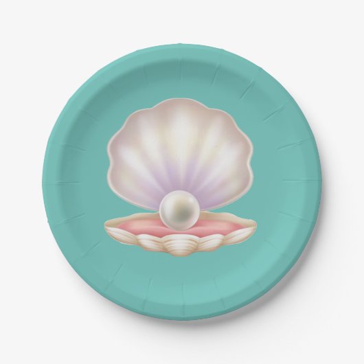 Wertvolle Perle in geöffneter Muschel Pappteller (Vorderseite)
