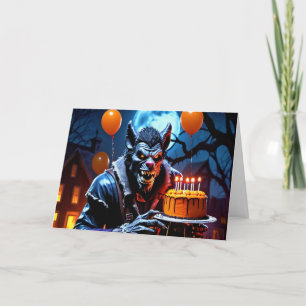 Werwolf mit Kuchen - Geburtstag an Halloween Feiertagskarte