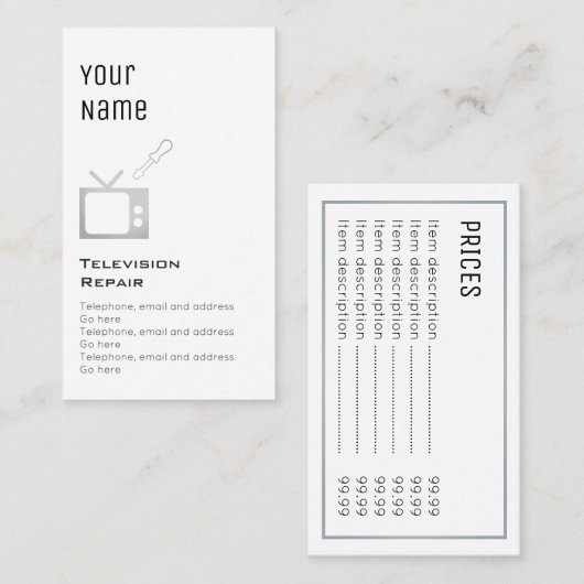 "Wesentliche" Fernsehreparatur-Preis-Karten Visitenkarte (Vorne/Hinten)