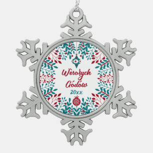 Wèsołych Gódów Kashubian Frohe Weihnachten Schneeflocken Zinn-Ornament