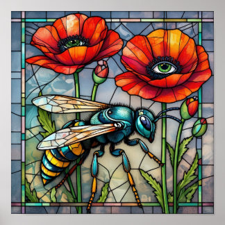 Wespe Hornisse Biene Bleiglas Mohn Blume Insekt Poster