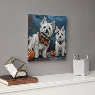 West Highland Halloween Spooky Quadratische Wanduhr
