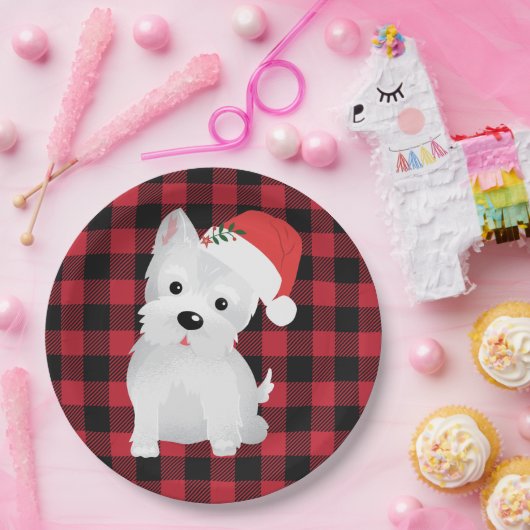 West Highland Hund mit Weihnachtsmannmütze Buffalo Pappteller (Party)