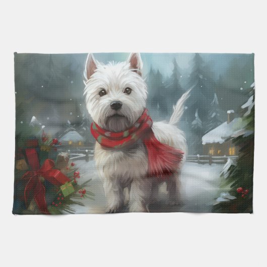 West Highland White Terrier Dog in Snow Christmas Geschirrtuch (Horizontal)