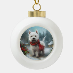 West Highland White Terrier Dog in Snow Christmas Keramik Kugel-Ornament