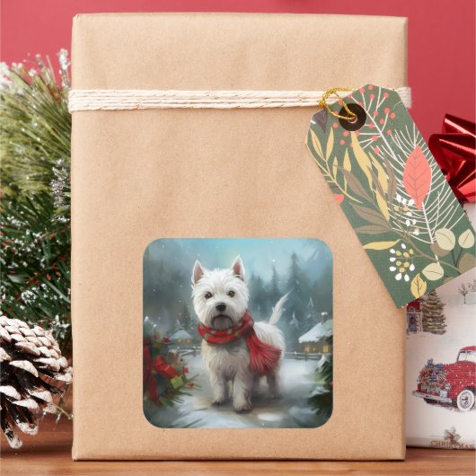 West Highland White Terrier Dog in Snow Christmas Quadratischer Aufkleber (Feiertag)