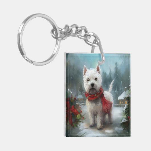 West Highland White Terrier Dog in Snow Christmas Schlüsselanhänger (Vorderseite links)