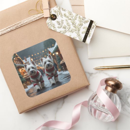 West Highland White Terrier Dogs Christmas Snow Quadratischer Aufkleber (Schenken)