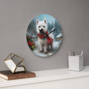 West Highland White Terrier Hund im Schnee Weihnac Große Wanduhr