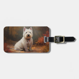 West Highland White Terrier im Herbstlaub fällt Gepäckanhänger