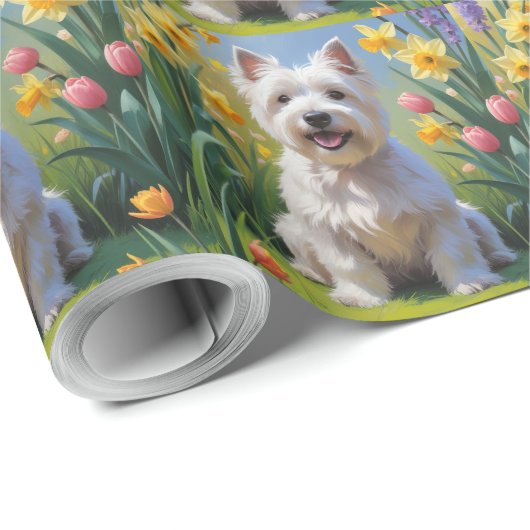 West Highland White Terrier Spring Flowers Geschenkpapier (Rolleneckpunkt)