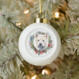 West Highland White Terrier Weihnachtskranz Keramik Kugel-Ornament