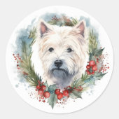 West Highland White Terrier Weihnachtskranz Runder Aufkleber (Vorderseite)